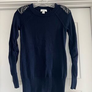 LOFT Elegant Navy Knit Top with bead embellished shoulders